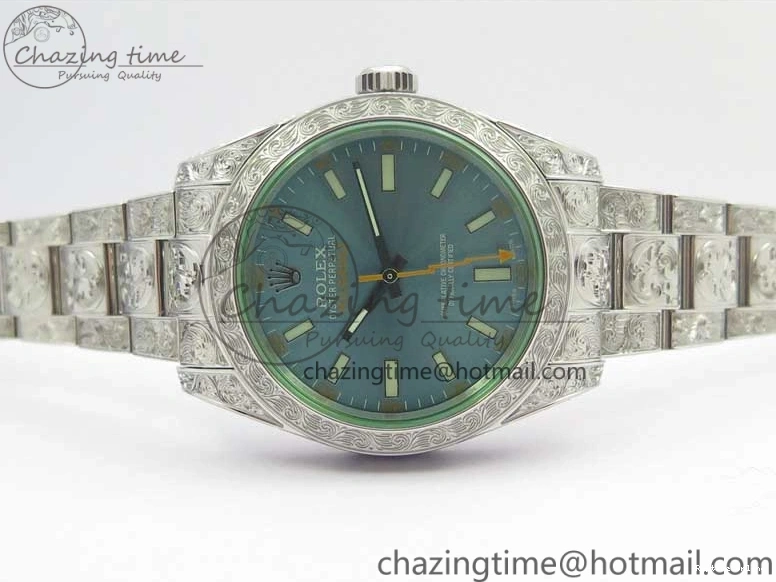 0514 Contemporary Milgauss 116400 904L Engraved SS DJF 11 Best Edition Blue Dial on 904L Engraved SS Bracelet A2836 (Real Green Sapphire Crystal) 3068